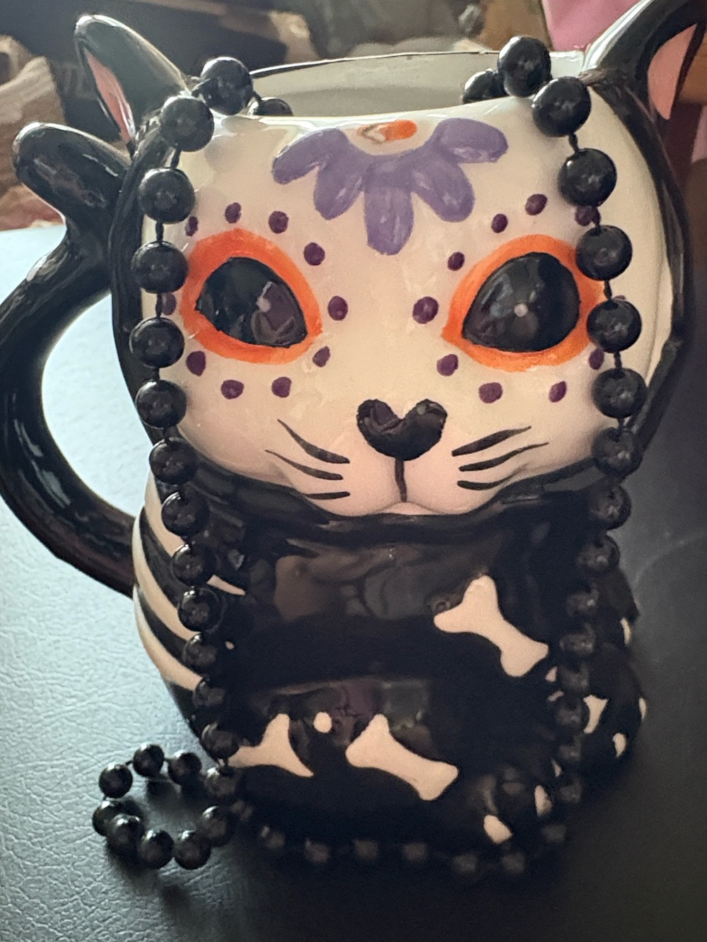 Black & White Cat Skull Accent Mug with Purple and Orange Detail